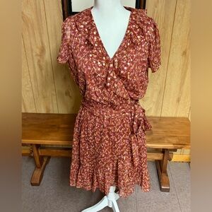 LC Lauren Conrad Red & Gold Ruffle Neck Flutter Sleeve Faux Wrap Dress Size M